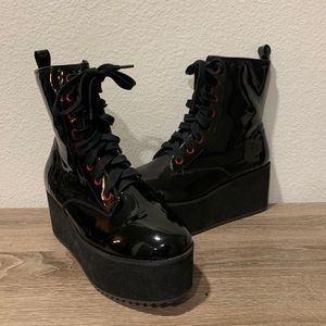Vegan black patent platform boots